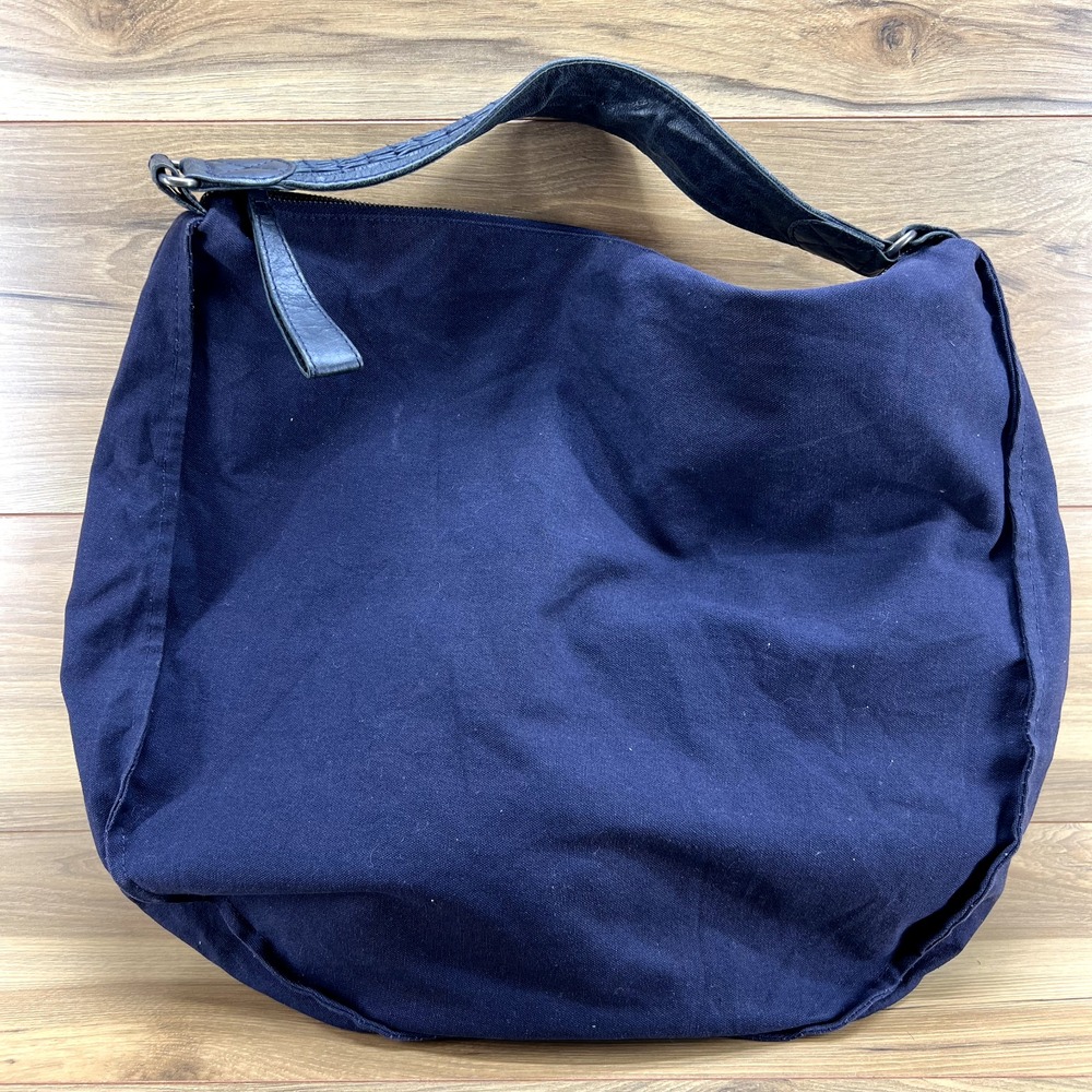 J Jill Large Navy Cotton Leather Trim Hobo Slouchy Shoulder Bag Zip